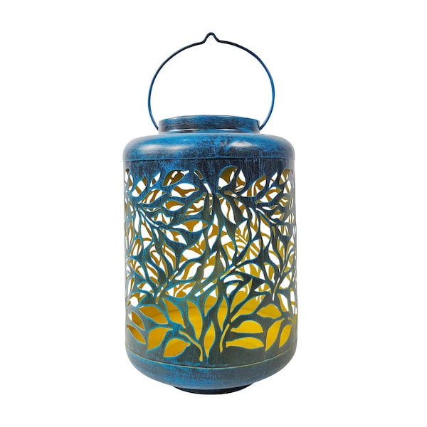 Snow Joe Bliss Outdoors Solar LED Lantern w Olive Leaf Design Hand Painted Finish BSL-307-BL - main